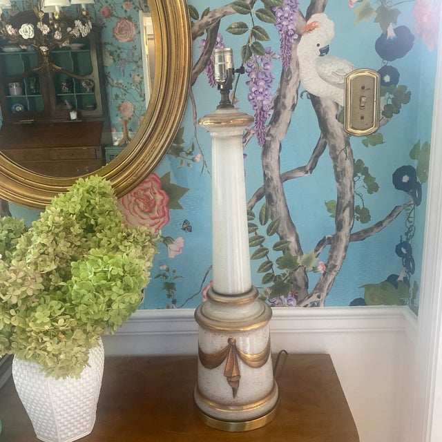 Mid 20th Century Midcentury White Opaline Glass Gilded Swag Table Lamp For Sale - Image 5 of 11