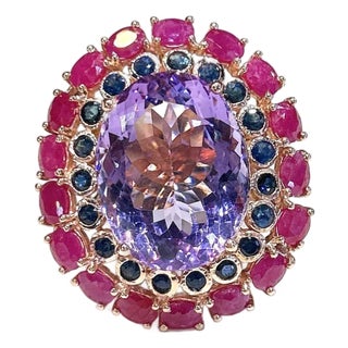 Bochic “Capri” Vintage Ruby, Amethyst & Multi Sapphire Ring - 18K Gold & Silver For Sale