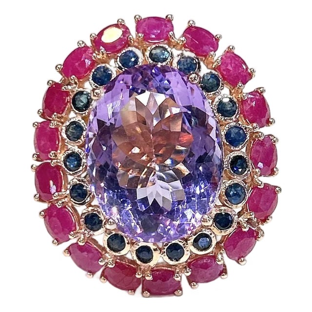 Bochic “Capri” Vintage Ruby, Amethyst & Multi Sapphire Ring - 18K Gold & Silver For Sale