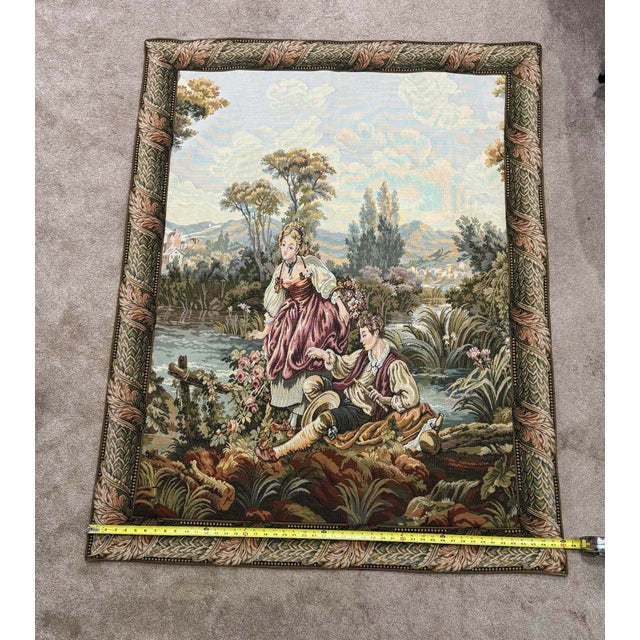 Beautiful large vintage jacquard tapestry depicting a romantic pastoral scene in the French Aubusson and Rococo tradition....