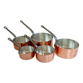Vintage Hammered Copper Saucepans with Wrought Iron Handles, 1970s, Set of 5 For Sale