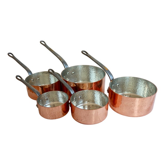 Vintage Hammered Copper Saucepans with Wrought Iron Handles, 1970s, Set of 5 For Sale