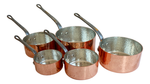 Vintage Hammered Copper Saucepans with Wrought Iron Handles, 1970s, Set of 5