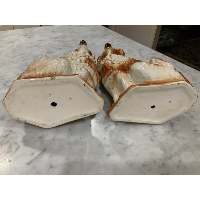 19th Century Antique Pair Bo’Ness Wally Spaniel Mantel Dogs - Staffordshire Style Scottish Pottery W/Glass Eyes & Gilt Details - 12.5” See Pics! For Sale - Image 10 of 12