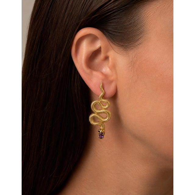 Metal Massive Snake Earrings With Amethysts in Opened Mouth, Pair For Sale - Image 7 of 7