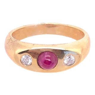 14 Karat Yellow Gold Ruby Cabochon Solitaire With Diamond Accents Ring For Sale