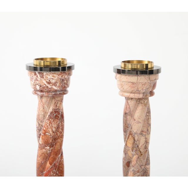 Large pair of 1980's spiral marble with brass and steel candle holders, in vintage original condition, with some wear and...
