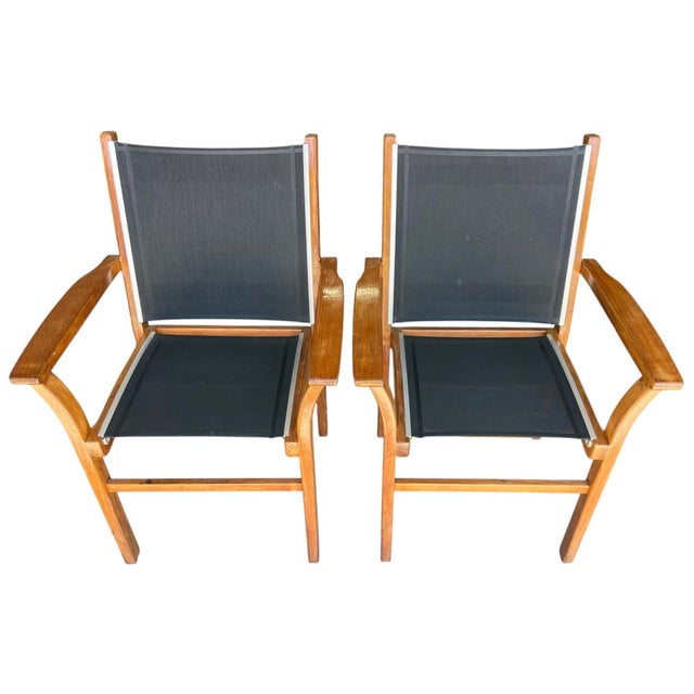 Vintage Teak Sling Patio Lounge Chairs With Black Mesh – Robb & Stucky, A Pair For Sale - Image 4 of 14