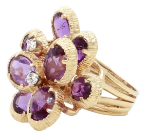 Mid-Century Modern 14k Gold, Amethyst, and Diamond Cocktail Ring