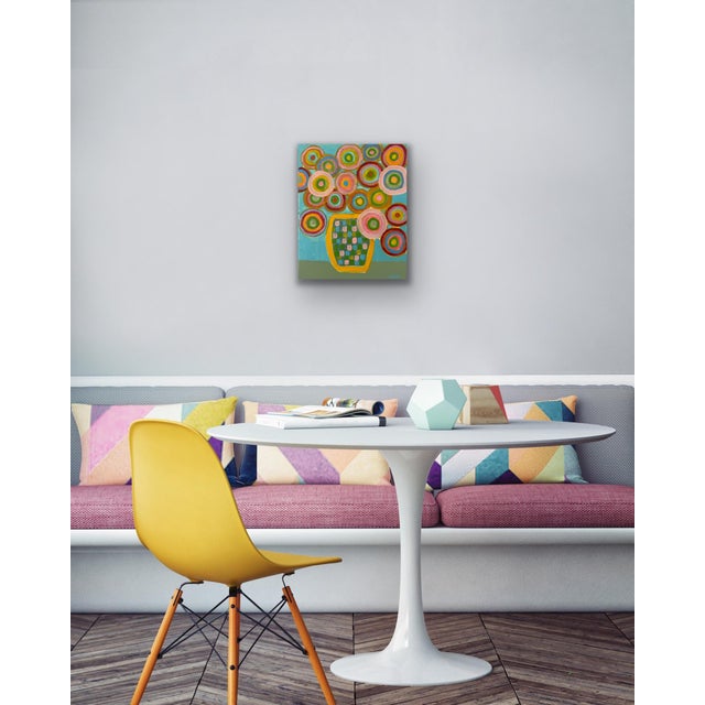 This joyful, modern original acrylic painting offers a whimsical, graphic take on a floral still life. Set against a...