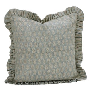 Fabdivine Handcrafted Block Print Frill Cushion Cover Light Blue 12x20 Inch Thick Linen- Tulsi Buti For Sale