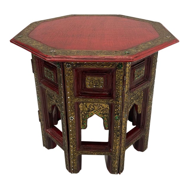 Hand Carved Red and Gilded Moroccan Side Table For Sale