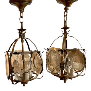 Vintage Mid 20th Century Brass Pendant Hanging Lights With Smoked Glass Disc Lenses - a Pair For Sale