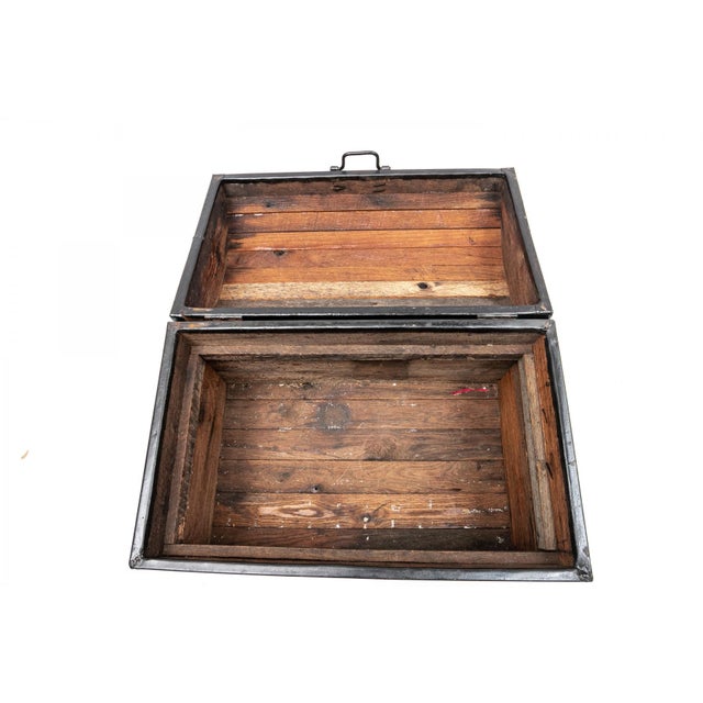 Rustic Late 20th Century Sturdy Wood and Iron Camelback Trunk For Sale - Image 3 of 5