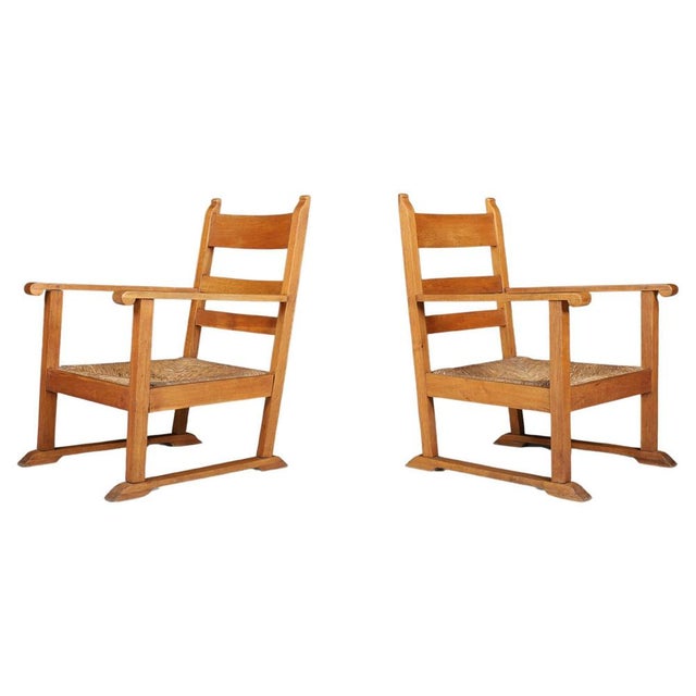 French Provincial Oak and Rush Armchairs, France, 1940s, Set of 2 For Sale - Image 10 of 10