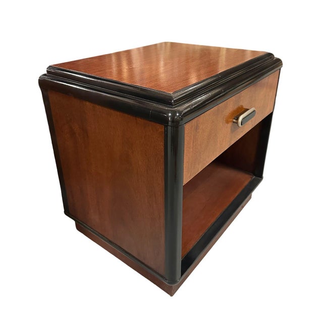 Art Deco Pair of Two Toned Art Deco Cherry Wood & Lacquer Bedside Tables W/ Stepped Top For Sale - Image 3 of 12