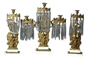 3-Piece Antique Bronze, Crystal & Marble Figural Girandole Set With Cherubs Circa 1890