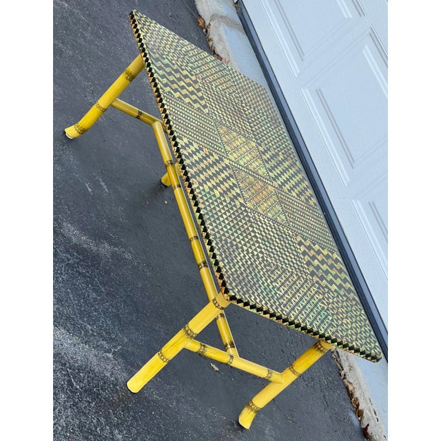 Metal Piero Fornasetti Coffee Table, Milano — Graphic Patchwork Triangles & Chevrons, Lithographic Transfer, Faux Bamboo Base, Original Label For Sale - Image 7 of 12