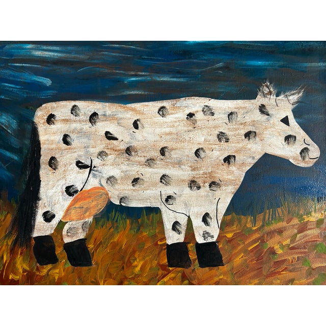 1970s Primitive Abstract Painting of a Cow in Vintage Wood Frame For Sale - Image 5 of 7