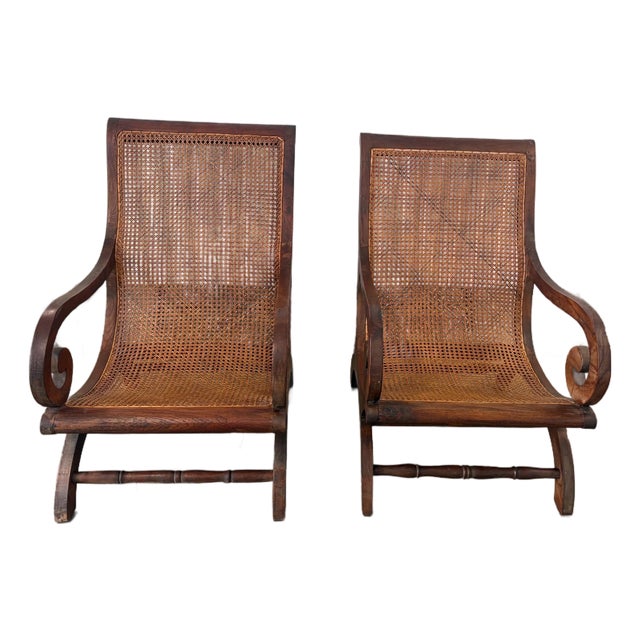1960s Pair Hand Caned and Doweled British Colonial Anglo Indian Plantation Chairs For Sale