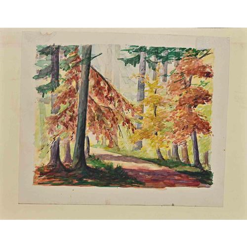 Attributed to Micheline Froun, Autumn Landscape, Mid-20th Century, Watercolor For Sale