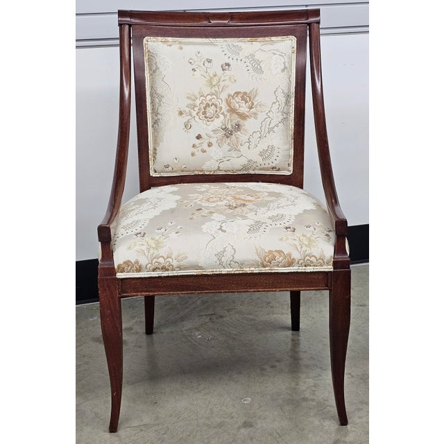 French Pair of Late 20th Century Pair of Directoire Style Mahogany Floral Brocade Silk Upholstered Armchairs For Sale - Image 3 of 12