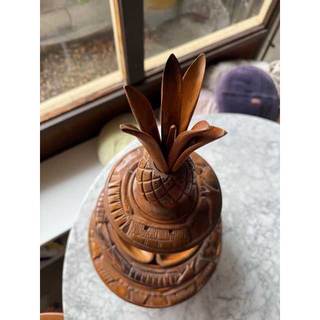 Vintage Hand-Carved, Three-Tiered Monkey Pod Wood Lazy Susan Serving Tray For Sale - Image 4 of 7