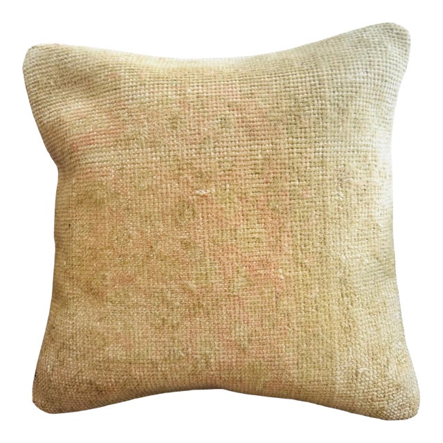 Vintage Turkish Rug Pillow Cover, Handwoven Wool Isparta Faded Abstract Cushion, Soft Ivory Peach Boho Pillow, 16x16 In For Sale