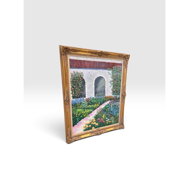 Large-scale original painting by Francis Downs, depicting a lush, colorful garden surrounding an elegant Mediterranean-...
