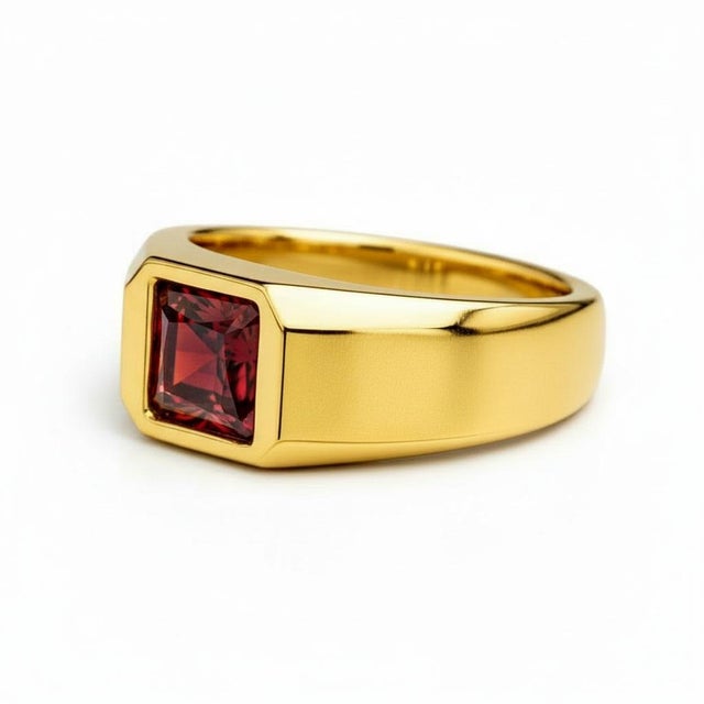Signet Ring with Garnet for Men silver, gold. Square Solitaire Ring. Minimalist Luxury Pinky Ring. Modern Gentleman...