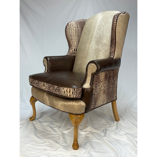 Contemporary 1970s Custom Wingback Chair in Brazilian Champagne Hair-on-Hide & Italian Espresso Leather – Crocodile Embossed Accents For Sale - Image 3 of 11
