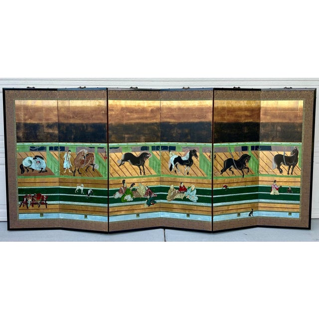 “Horses and Grooms in the Stable” – Japanese Showa Period Six-Panel Screen Inspired by Edo-Era Kano School Designs...