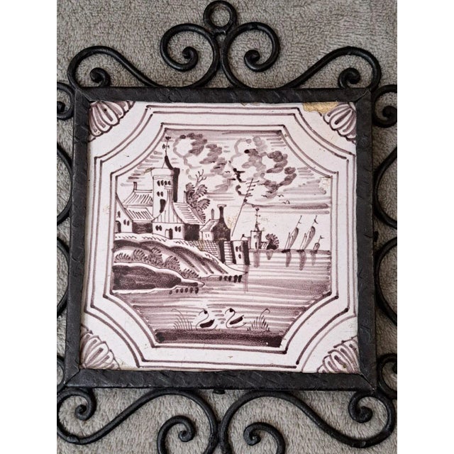 Mid 19th Century Dutch Manganese Delft Decorative Framed Tiles Nautical Scenes- Set of 4 For Sale In West Palm - Image 6 of 12