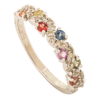 Rainbow Sapphire & Diamond Stackable Half Eternity Band Ring Size 6.5 in 14k White Gold For Sale