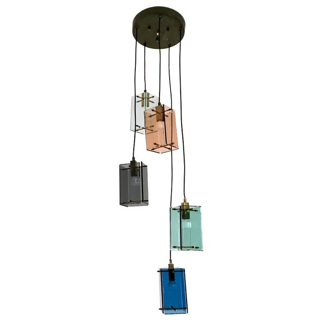 Vintage 5-Light Colored Glass Pendant in the style of Fontana Arte, Italy, 1960s For Sale
