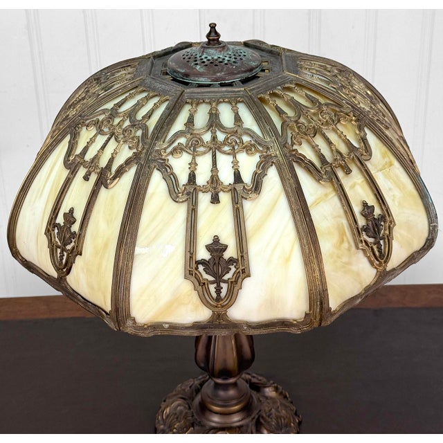 Metal Antique Art Nouveau Carmel Slag Glass Table Lamp For Sale - Image 7 of 14
