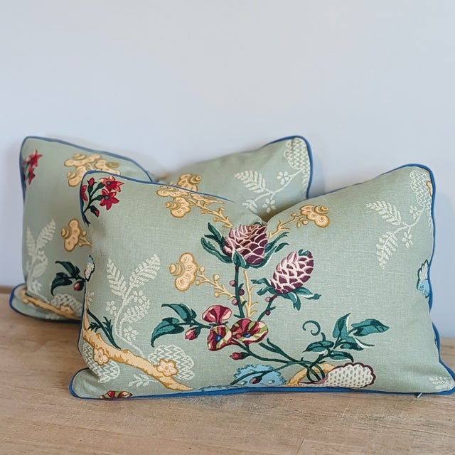 Brunschwig & Fils Brunschwig & Fils Fabriano Lumbar Pillows in Jade With Blue Cord For Sale - Image 4 of 7