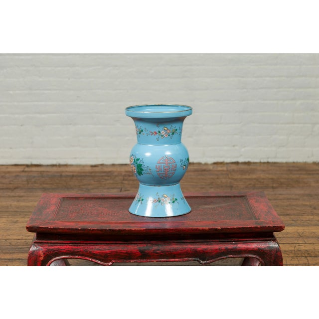 Vintage Chinese Hand Painted Blue Metal Vase with Calligraphy and Floral Décor For Sale - Image 9 of 12