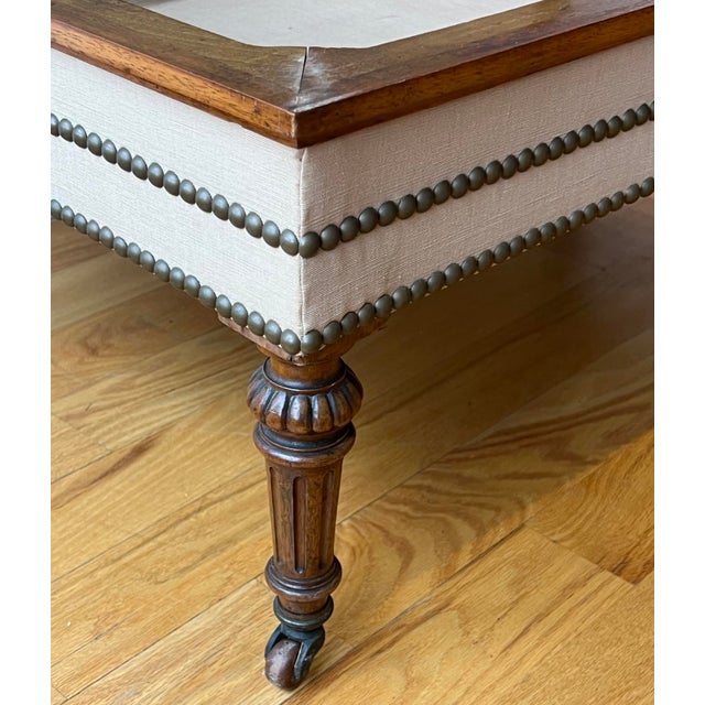 Antique English Tufted Storage Bench on Fluted Legs With Casters For Sale - Image 4 of 8