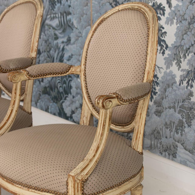 Pair of 18th C. French Louis XVI Fauteuils in Original Paint, Signed For Sale - Image 13 of 16