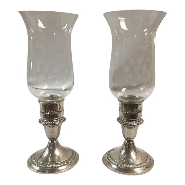 Gorham Sterling Silver Weighted Gadrooned Candleholder Pair W/ Glass Hurricanes For Sale