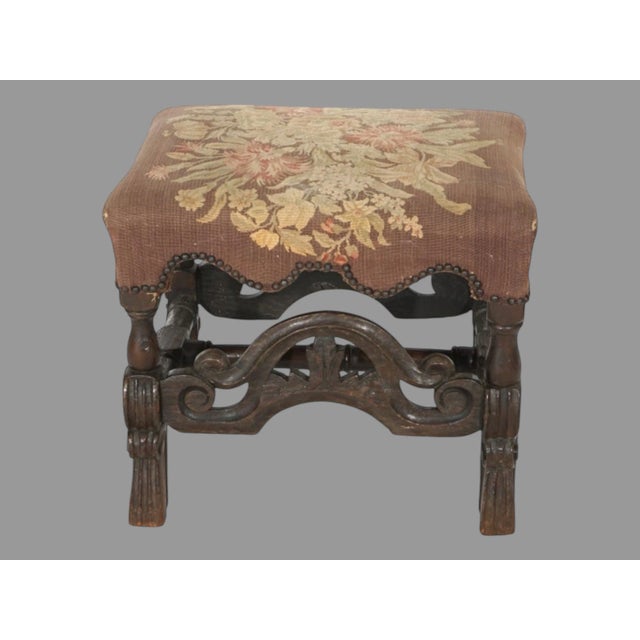 English Late 19th Century Antique English Carved Oak Footstool Bench With Floral Tapestry Seat For Sale - Image 3 of 10