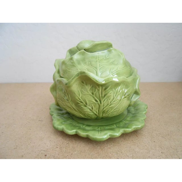 Ceramic Vintage Majolica Cabbage Tureen Soup Bowl With Lid & Plate For Sale - Image 7 of 7