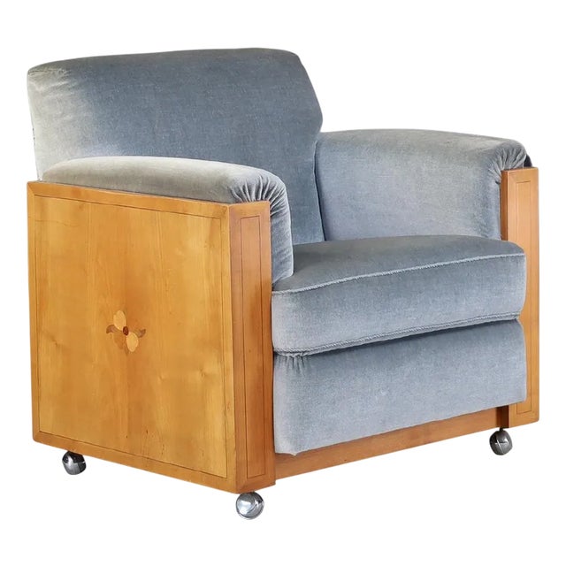 Art Deco Dutch Oak Armchair with Inlaid Motif and Original Grey Velvet, 1930s For Sale