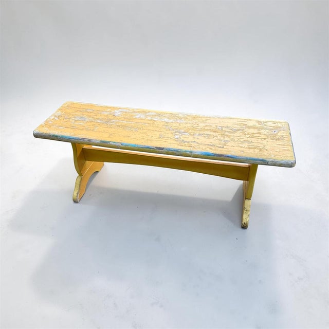 Antique Primitive Painted Oak Farmhouse Bench Offering a heavy 4 foot long rustic wooden farmhouse bench with lots of...