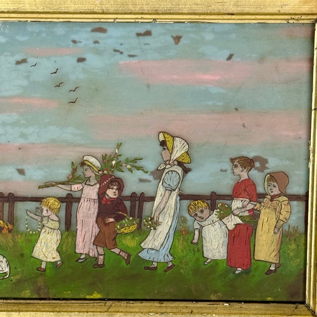American Antique Glass Painting of Nursery-Rhyme Like Theme With Children & Adults Outside For Sale - Image 3 of 11