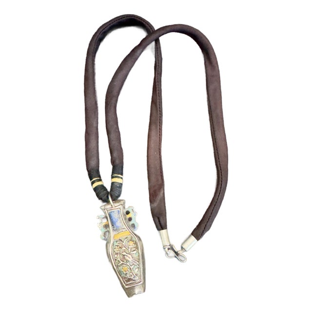 Antique Chinese Needle Case Pendant Necklace, Sterling Silver Lacquered For Sale