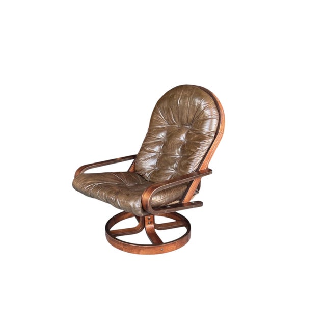 1960s Rykken & Co. Norwegian Scandinavian Swivel Reclining Lounge Chair With Ottoman For Sale - Image 4 of 17
