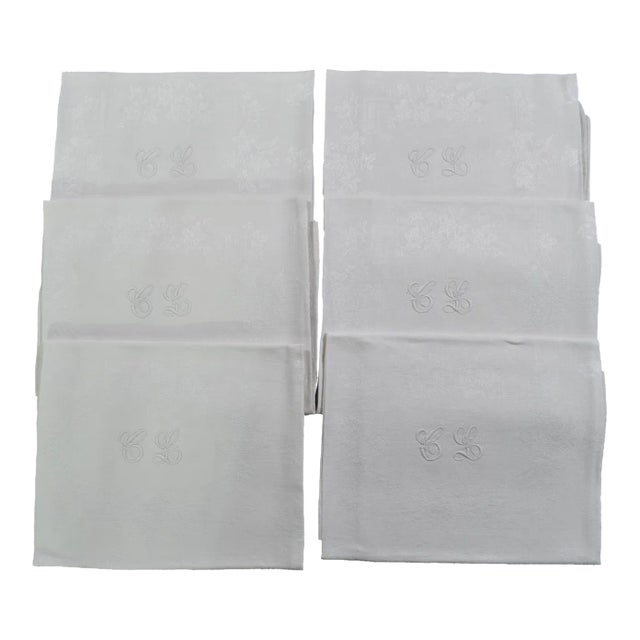 Set of 6 French Dinner Napkins With "Cl" Monogram in White Damask Cotton, 1930s For Sale