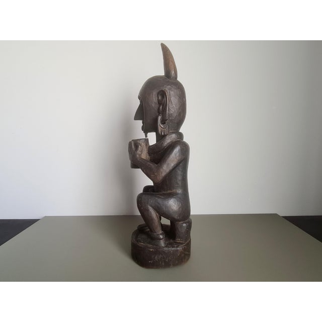 1960s Vintage African Wooden Horned Figure Sculpture Tribal Art Hand Carved Wood Statue, 1970 For Sale - Image 5 of 9